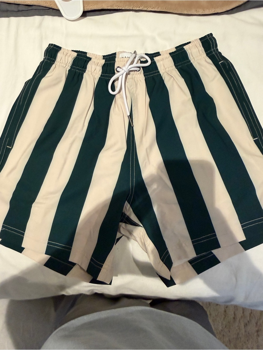 Men's Vertical Stripe Swim Trunks in Dark Green and Cream